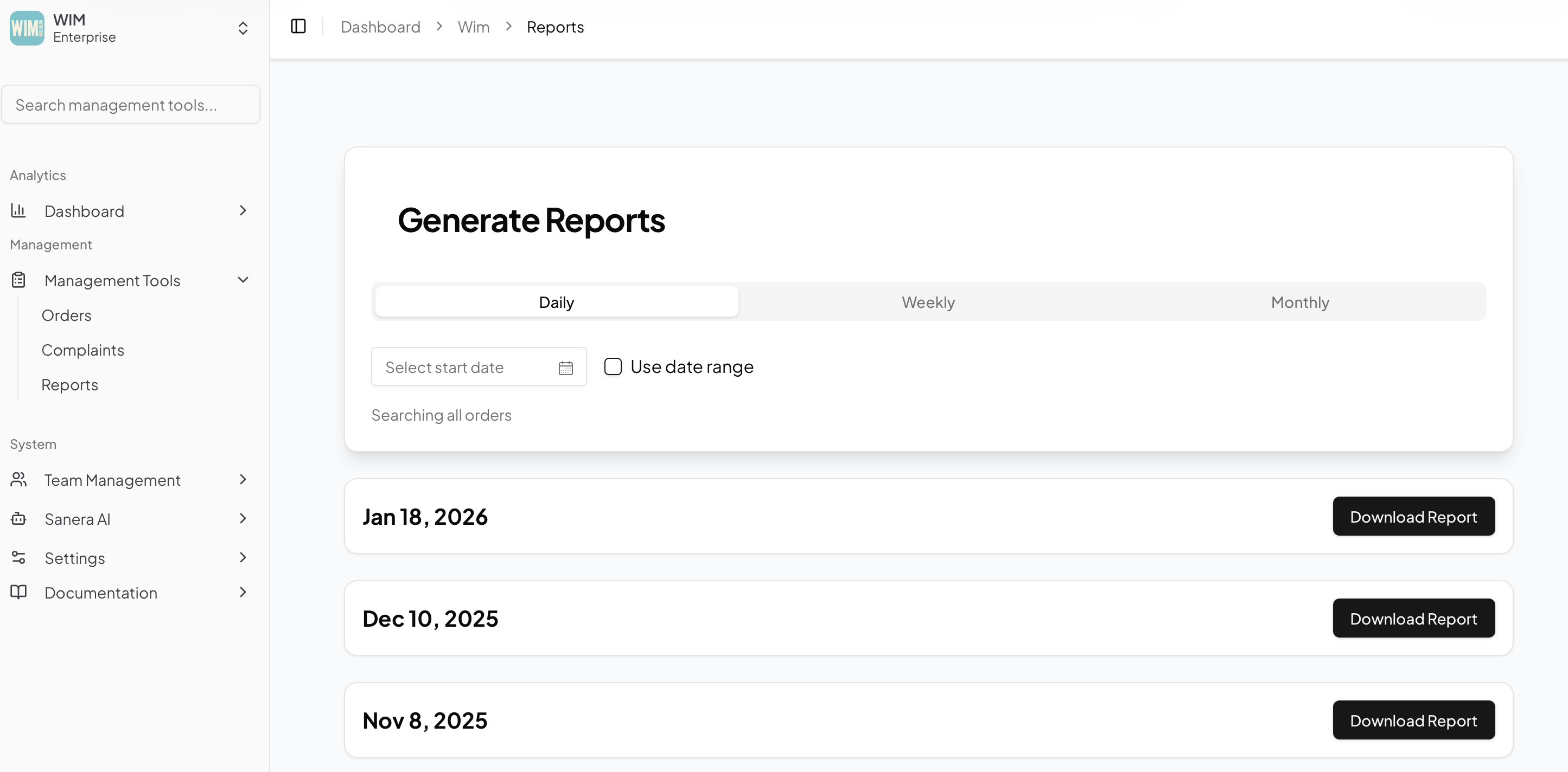 Wim Nutrition internal dashboard